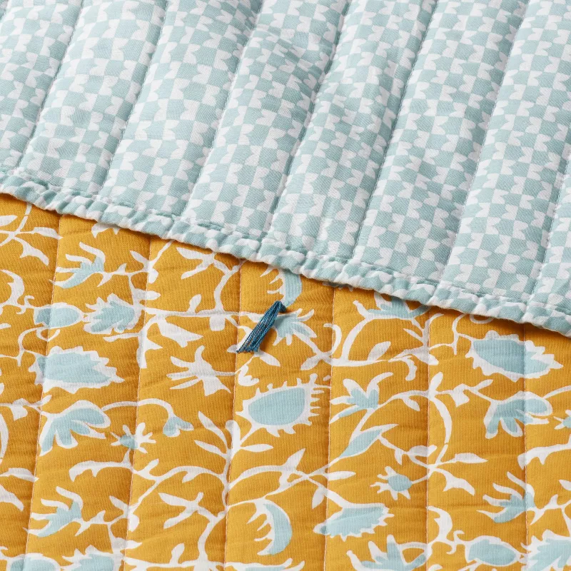 Full/Queen Earthy Vines Quilt Mustard Yellow/Teal Blue - Image 2