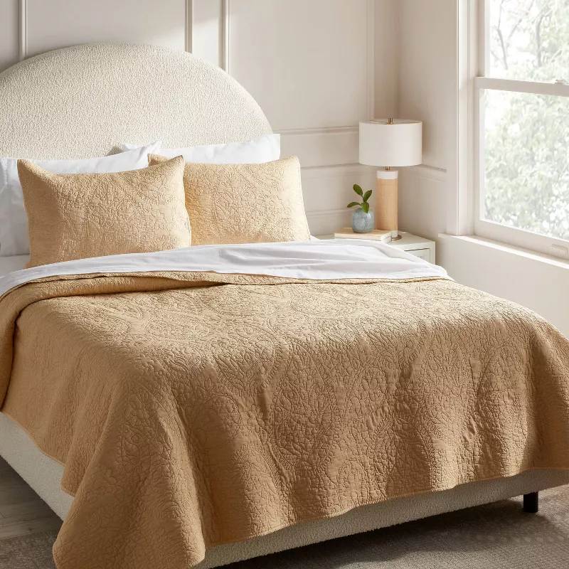 Full/Queen Garment Washed Paisley Stitch Quilt Wheat - Image 3