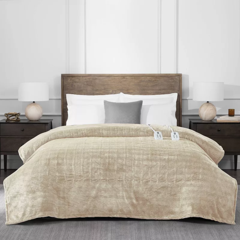 Full/Queen Heated Micro Herringbone Blanket Taupe