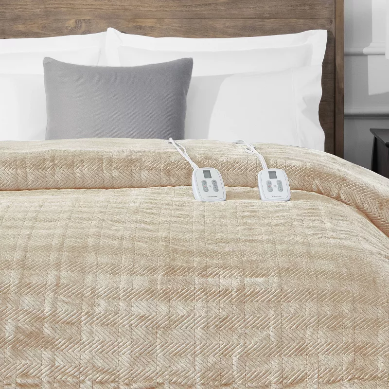 Full/Queen Heated Micro Herringbone Blanket Taupe - Image 5