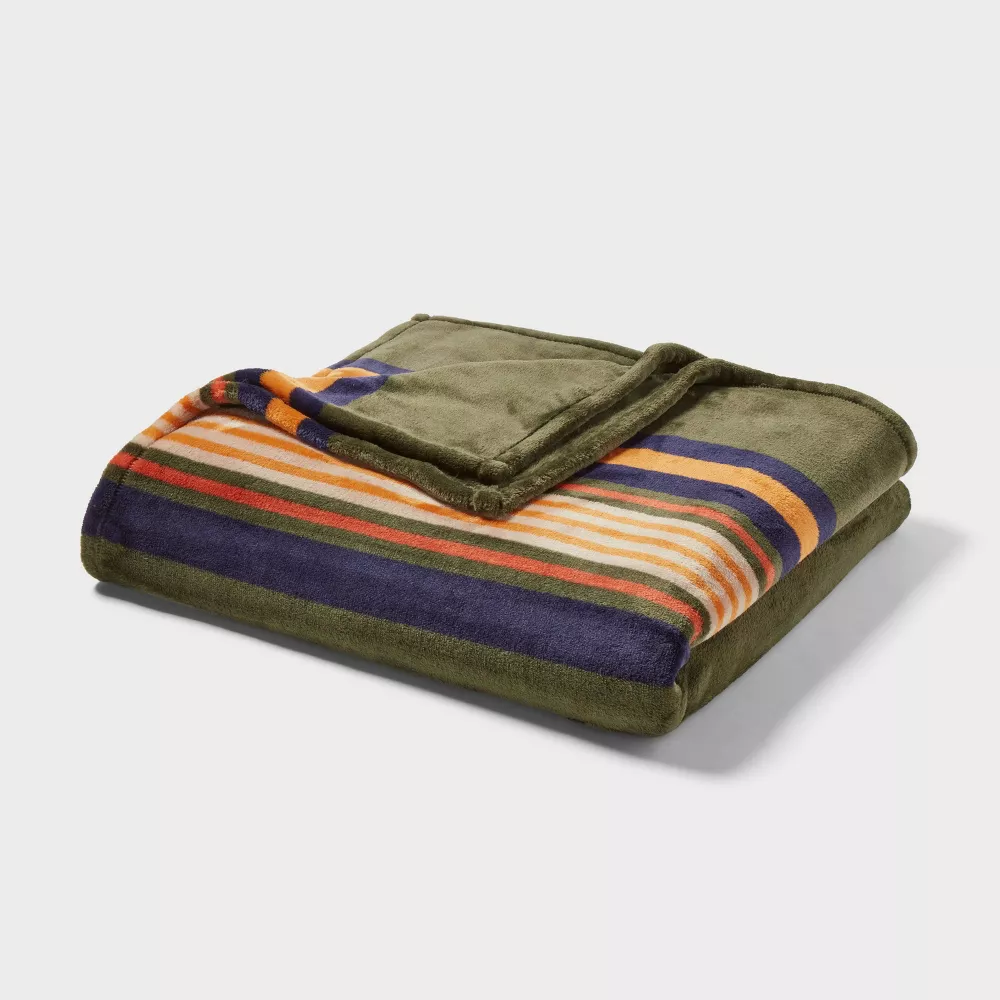 Microplush Blanket Green Border Stripe Full/Queen