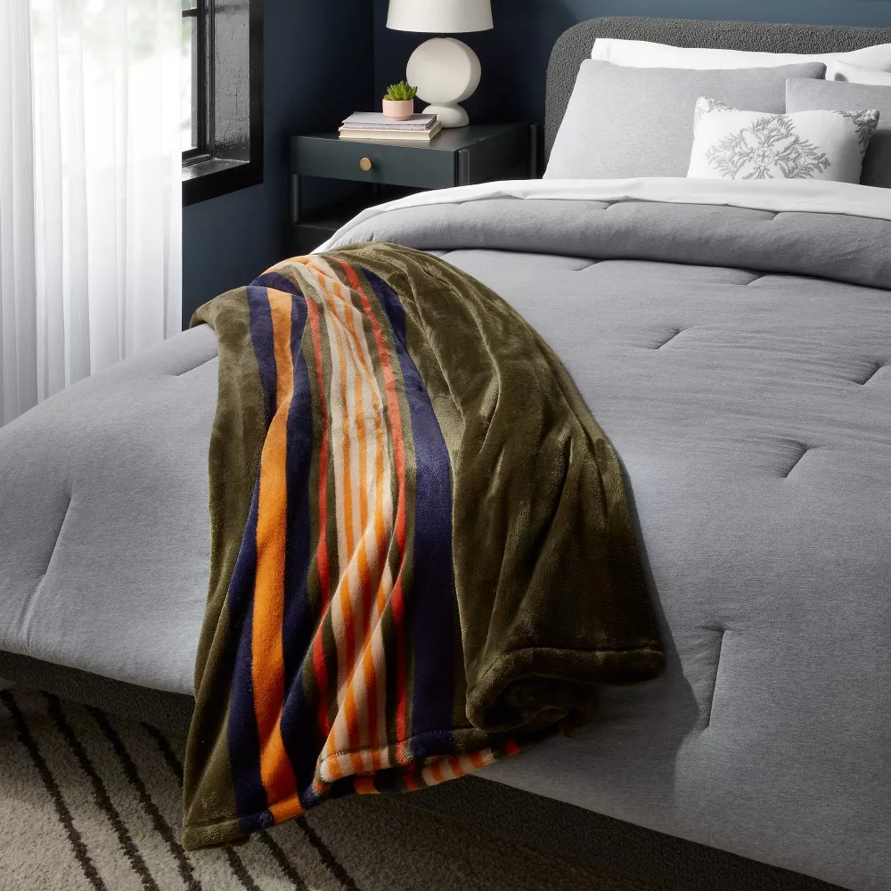 Microplush Blanket Green Border Stripe Full/Queen - Image 3
