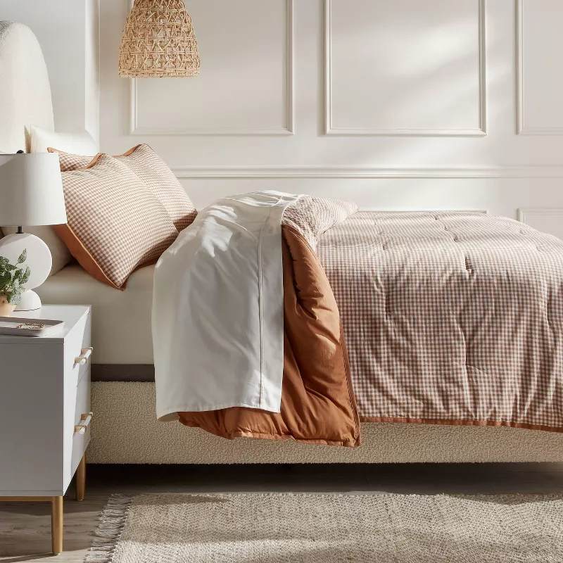 Full/Queen Mini Gingham Comforter and Sham Set Camel - Weave, Midweight Fabric, 3-Piece Set