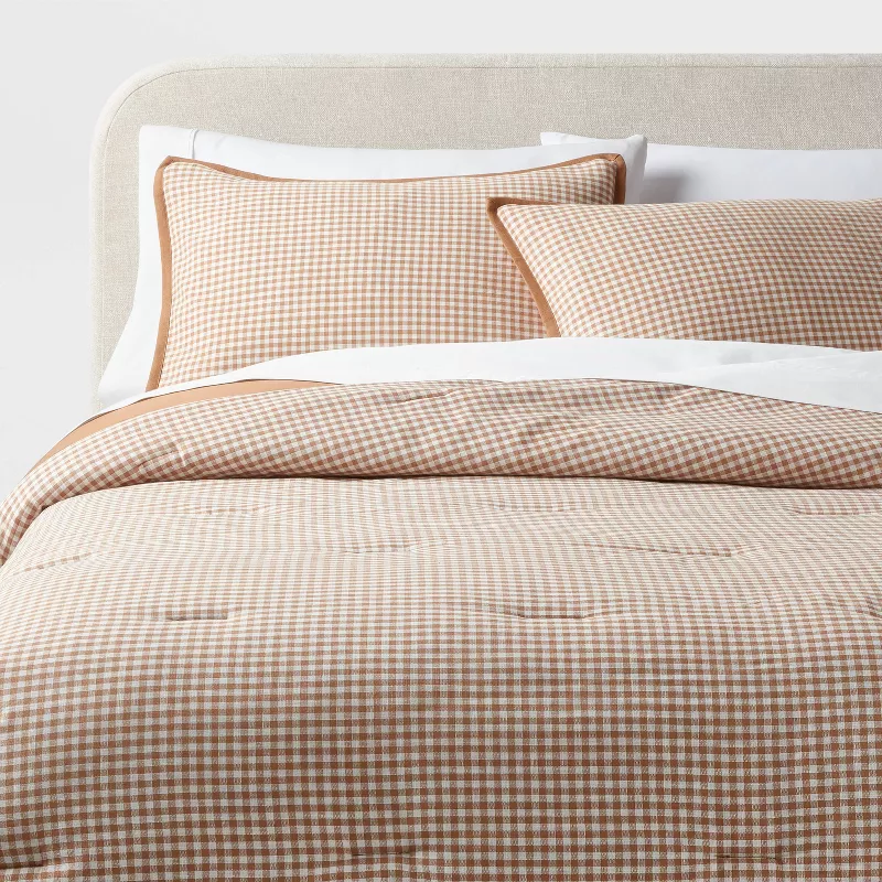 Full/Queen Mini Gingham Comforter and Sham Set Camel - Weave, Midweight Fabric, 3-Piece Set - Image 5