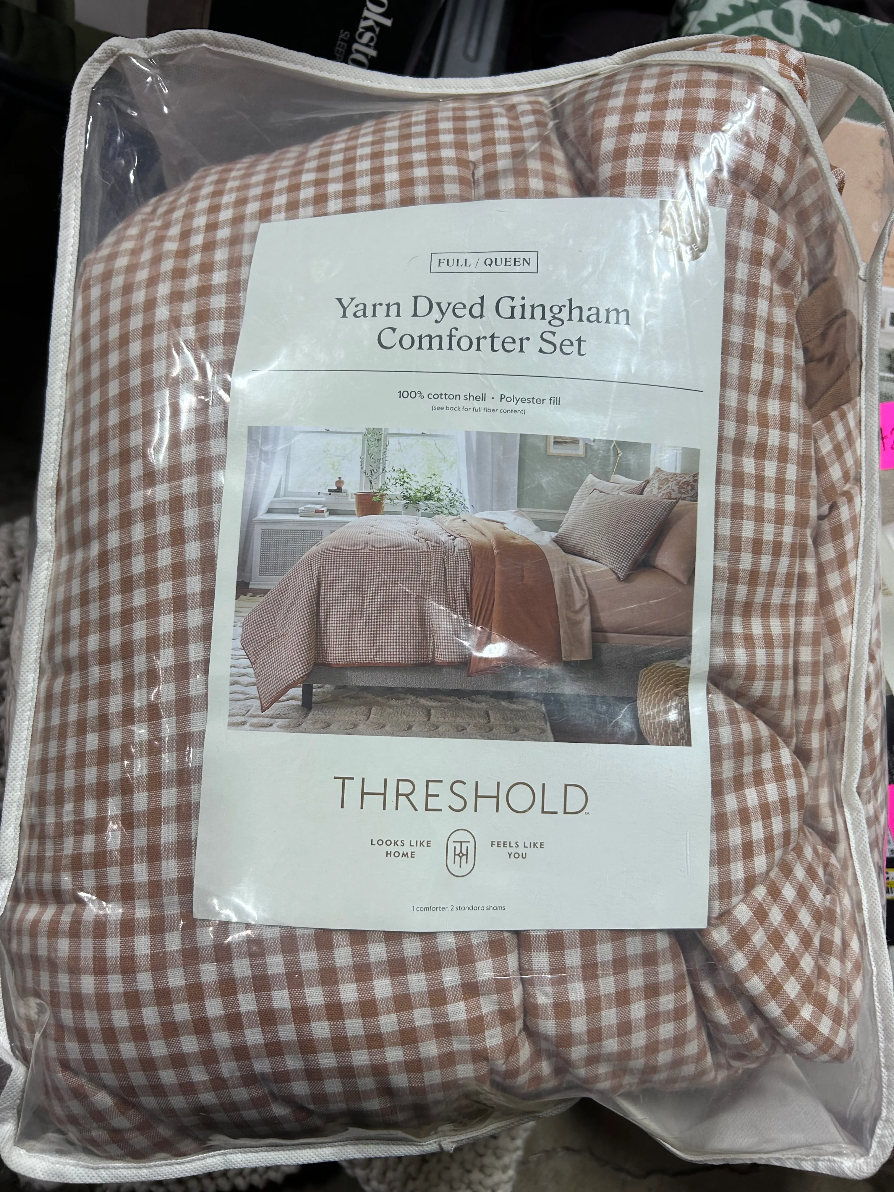 Full/Queen Mini Gingham Comforter and Sham Set Camel - Weave, Midweight Fabric, 3-Piece Set - Image 6