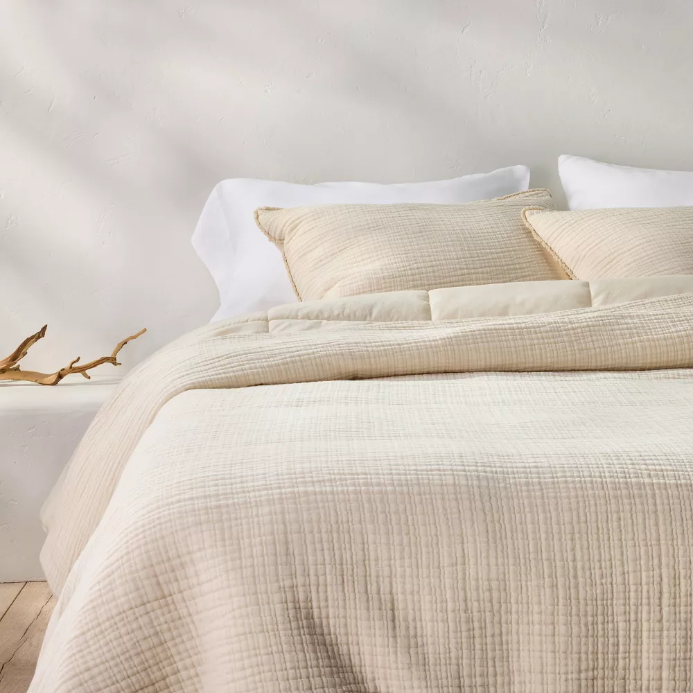 Full/Queen Textured Chambray Comforter & Sham Set Natural