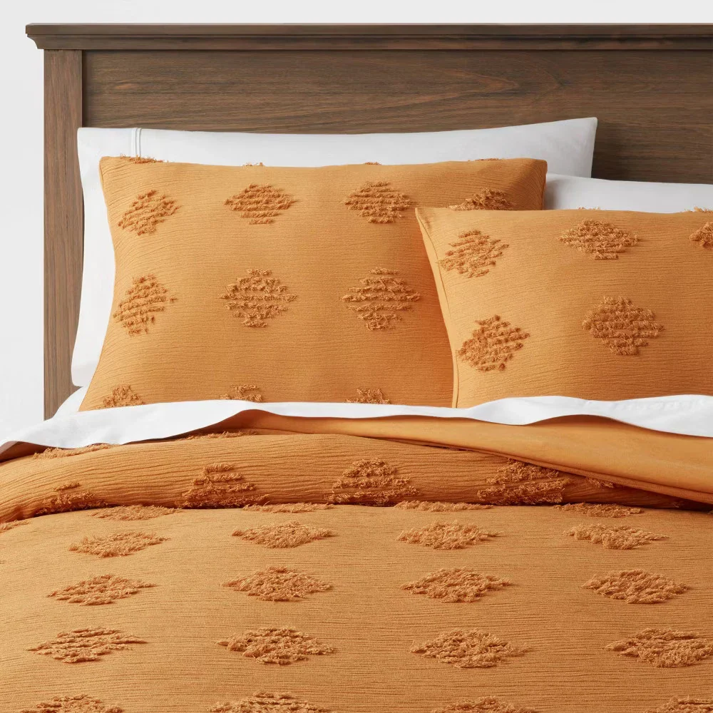 Tufted Diamond Crinkle Duvet Cover and Sham Set Dark Gold Full/Queen - Image 2