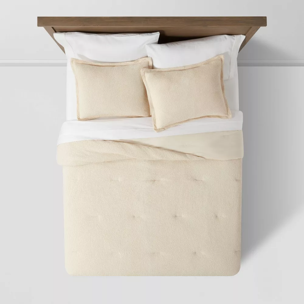Full/Queen Washed Waffle Weave Comforter and Sham Set Natural - Image 3