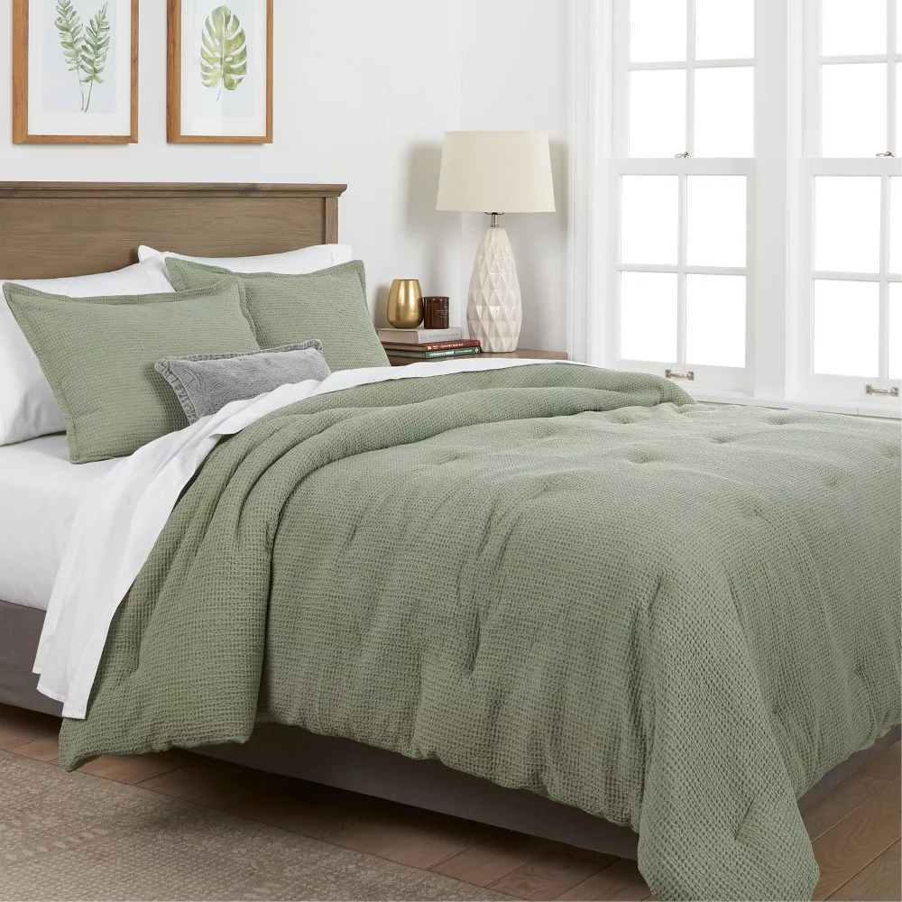 Full/Queen Washed Waffle Weave Comforter and Sham Set Sage Green