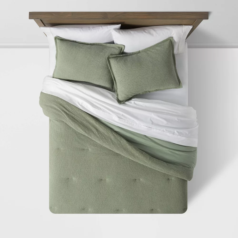 Full/Queen Washed Waffle Weave Comforter and Sham Set Sage Green - Image 3