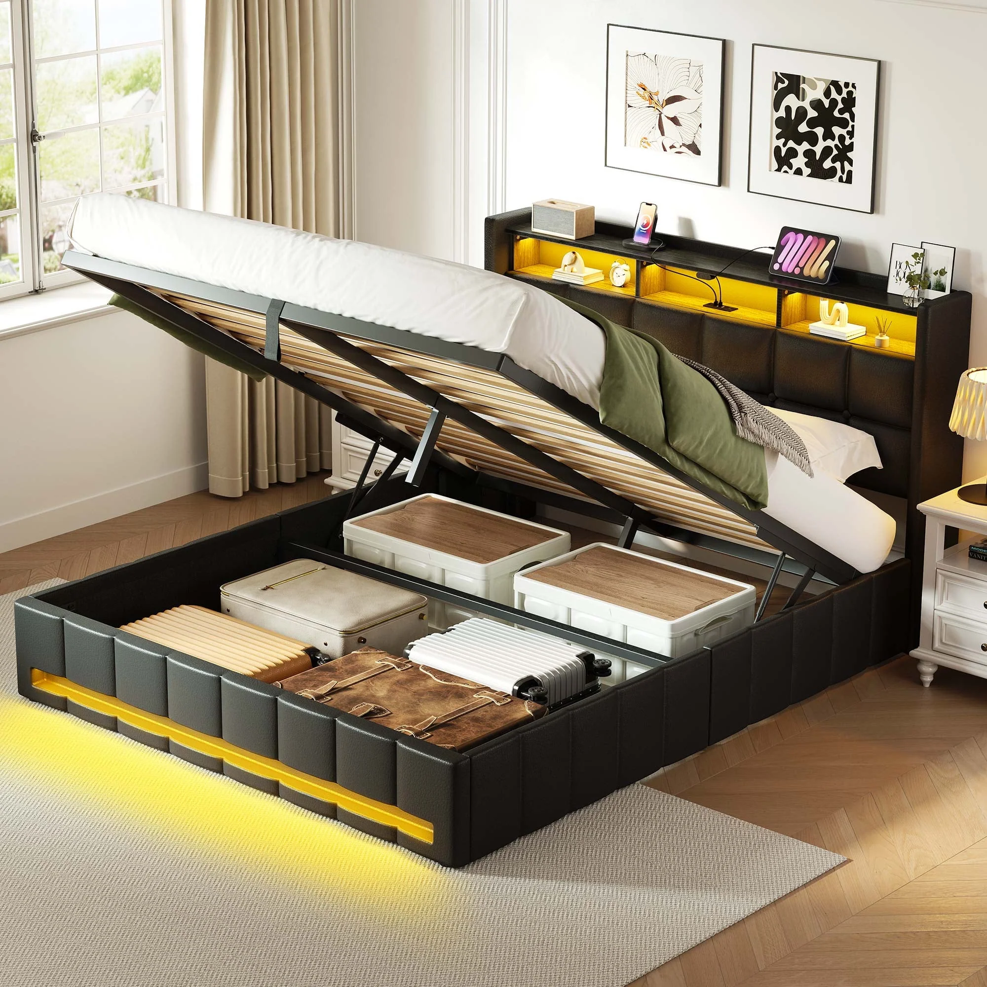 Full Lift up Hydraulic Platform Storage Bed Frame with Led Light & Charging Station, Black