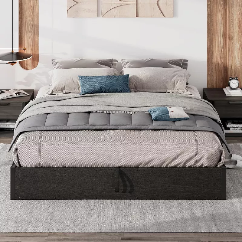 Full Size Lift Up Storage Platform, Metal Bed Frame with Wooden Slats Support, No Headboard, Black - Image 2