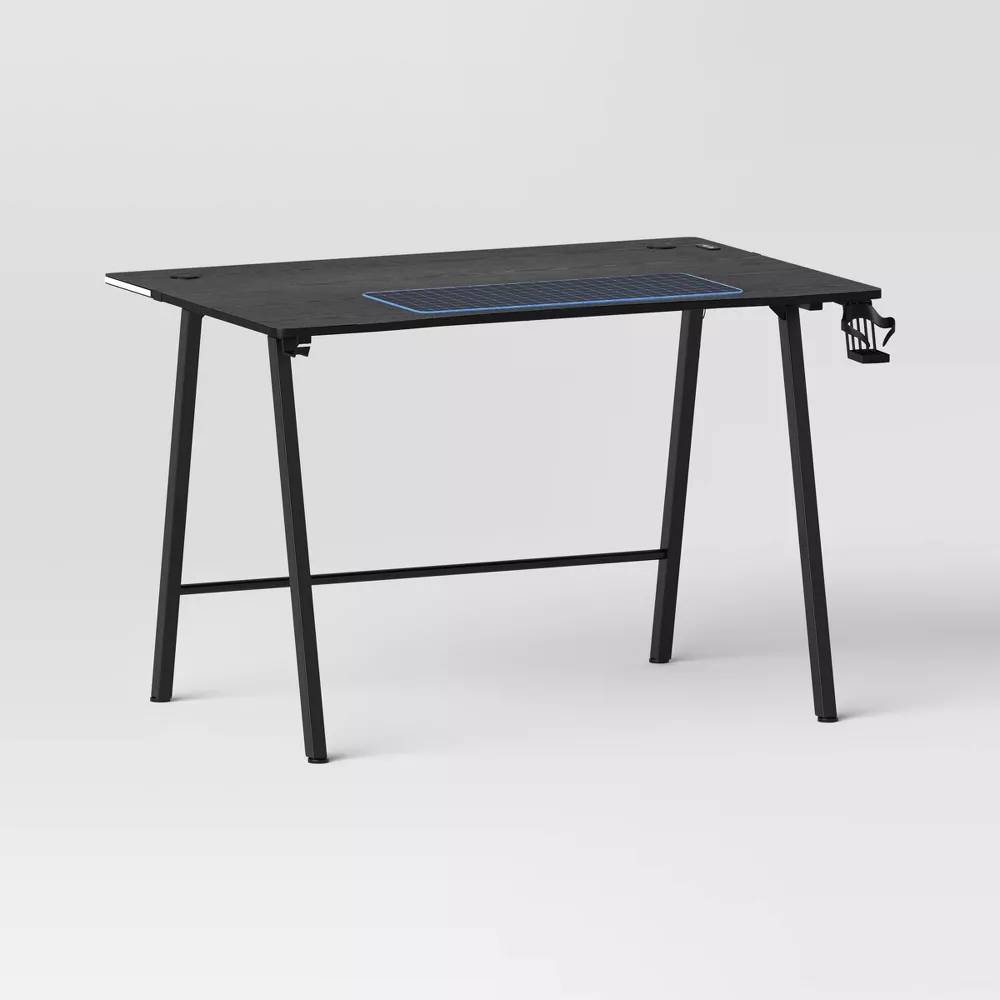 Gaming Desk with LED Lights and Headphone Holder Black