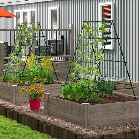 Garden Trellis for Climbing Plants Outdoor, A Frame Plant Trellis with Climbing Net, Coated Metal Poles, Twisted & Clips, Grape Trellis Plant Support for Vines, Vegetables, Fruit & Flower - Image 2