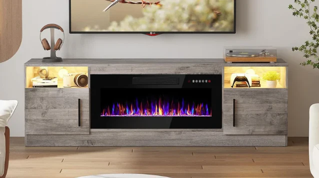 Garvee 70" Modern TV Stand with LED Lights, Wooden Entertainment Center for 36" Electric Fireplace, Living Room, Bedroom, Black SHOWROOM ITEM