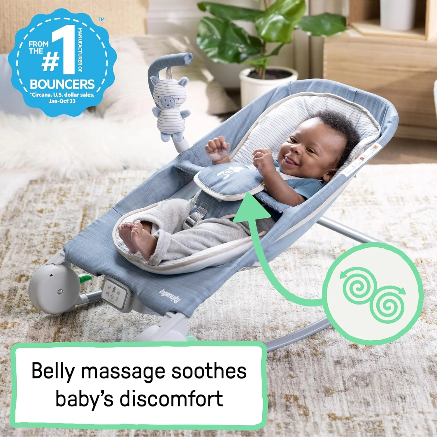 Gas Relief and Anti-Colic Baby Bouncer Seat and Rocker – Chambray Blue - Image 4