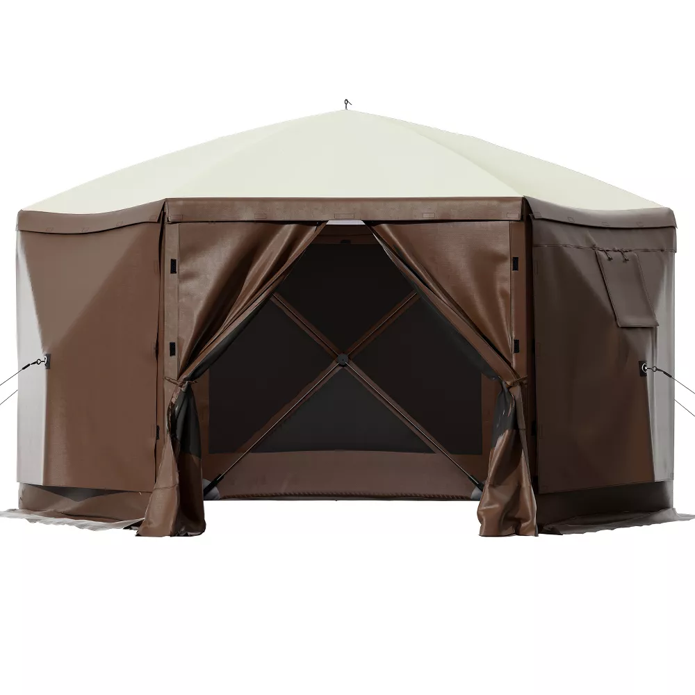 Gazebo Screen Tent, 6 Sided Pop-up Camping Canopy Shelter Tent with Mesh Windows, Portable Carry Bag, Ground Stakes, Beige+Brown