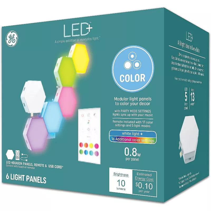 GE 6pk LED Color Changing Tile Panel Lights: Hexagon Wall Light, Multicolor, Modern Mosaic Design, Electric Powered