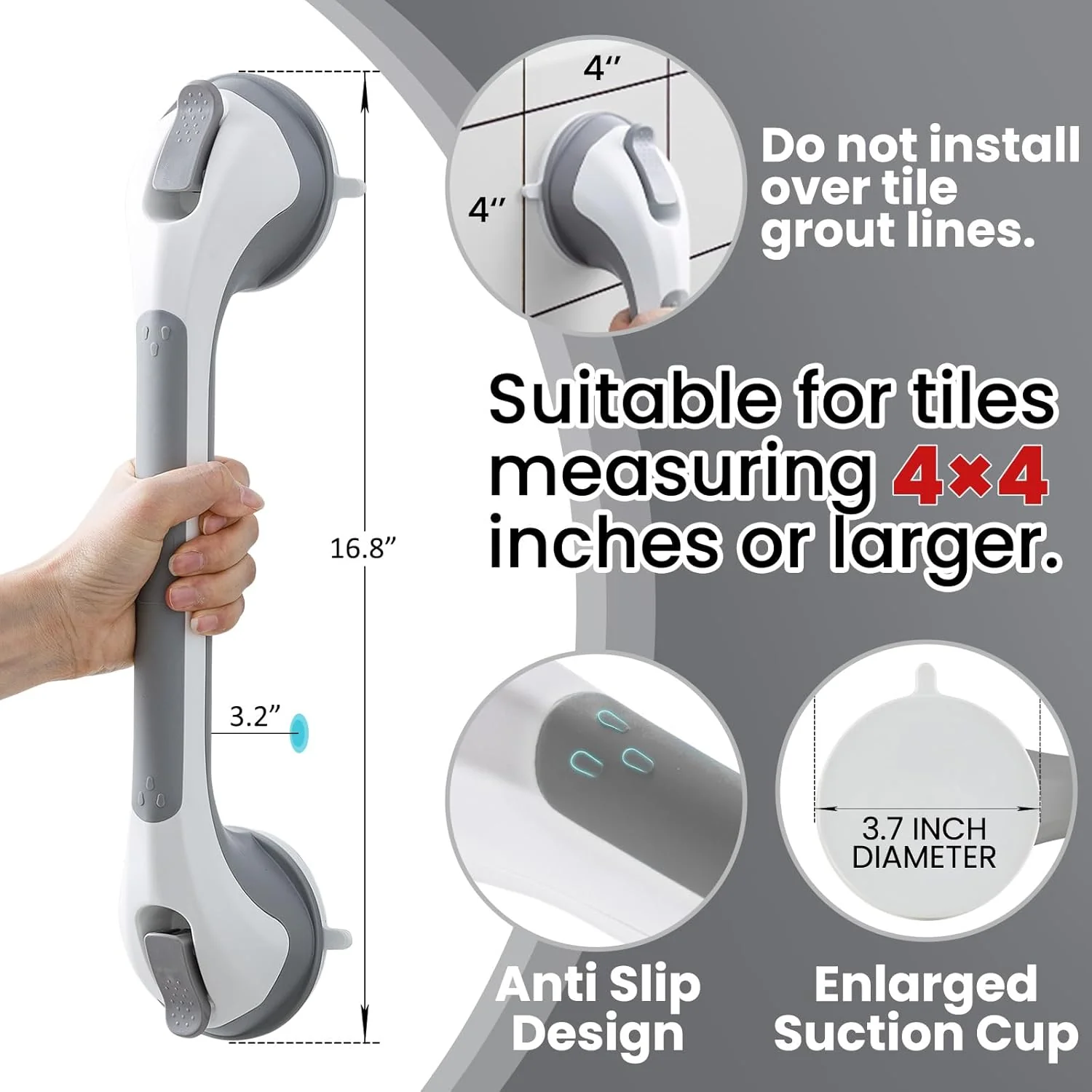 Grab Bars for Bathtubs and Showers 2 Pack Suction Grab Bar, Grey - Image 3