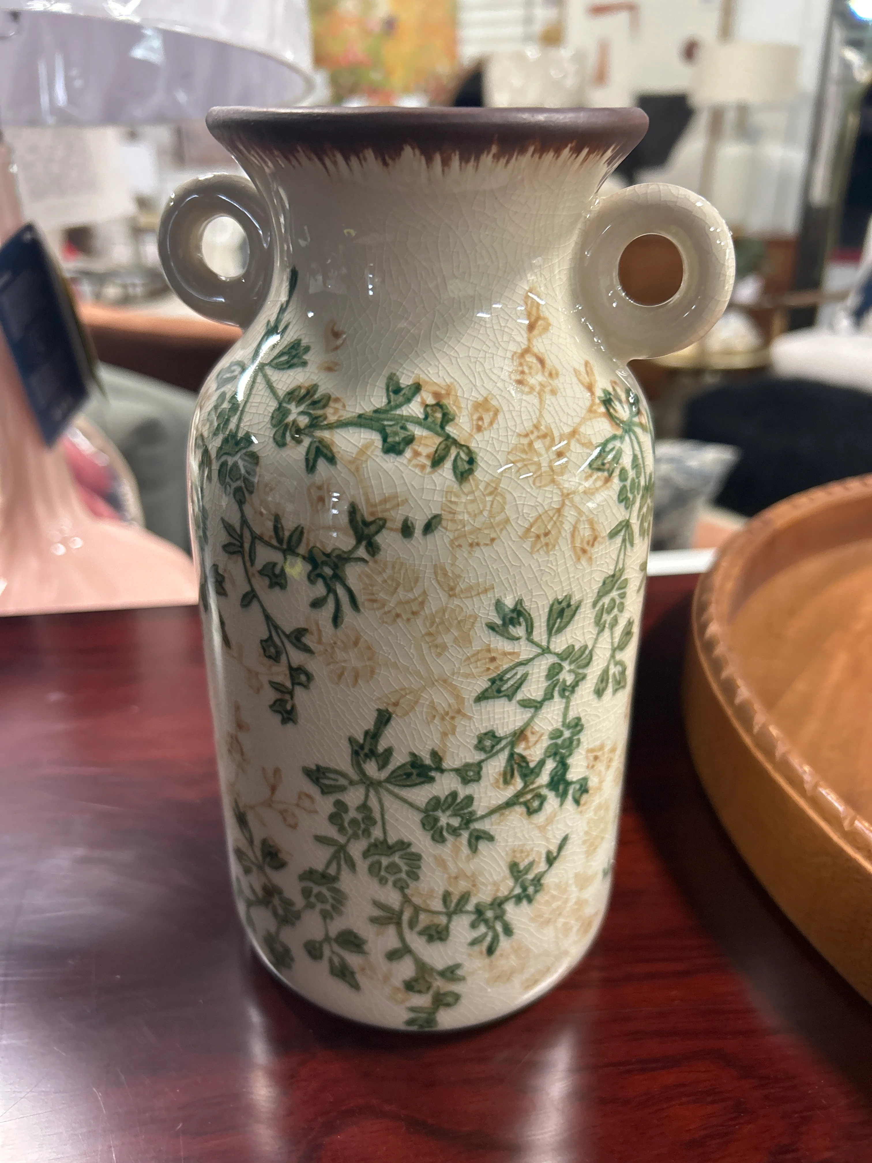 Green Vintage 9.5" Ceramic Vase With Chinoiserie Floral Design SHOWROOM ITEM - Image 2