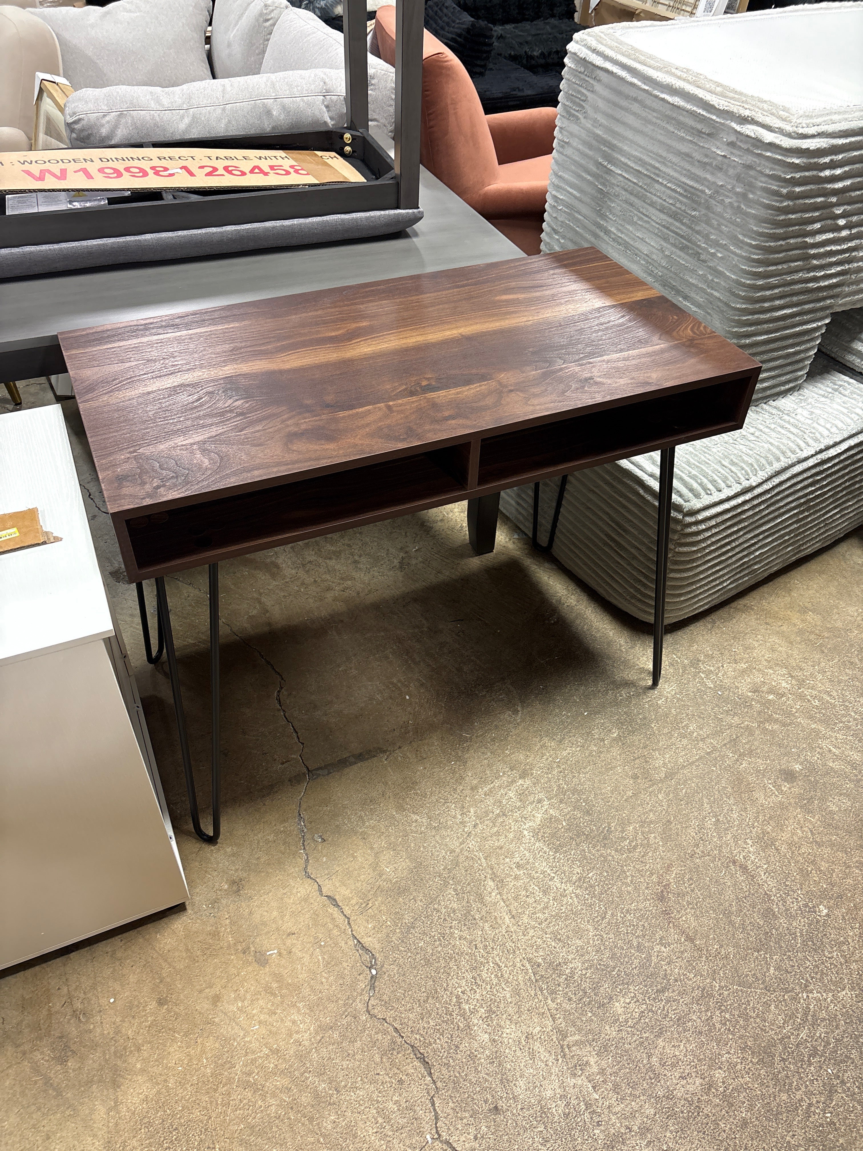 Hairpin Writing Desk with Storage Brown - Threshold™: Walnut Finish, Metal Legs, Open Compartments SHOWROOM ITEM - Image 2