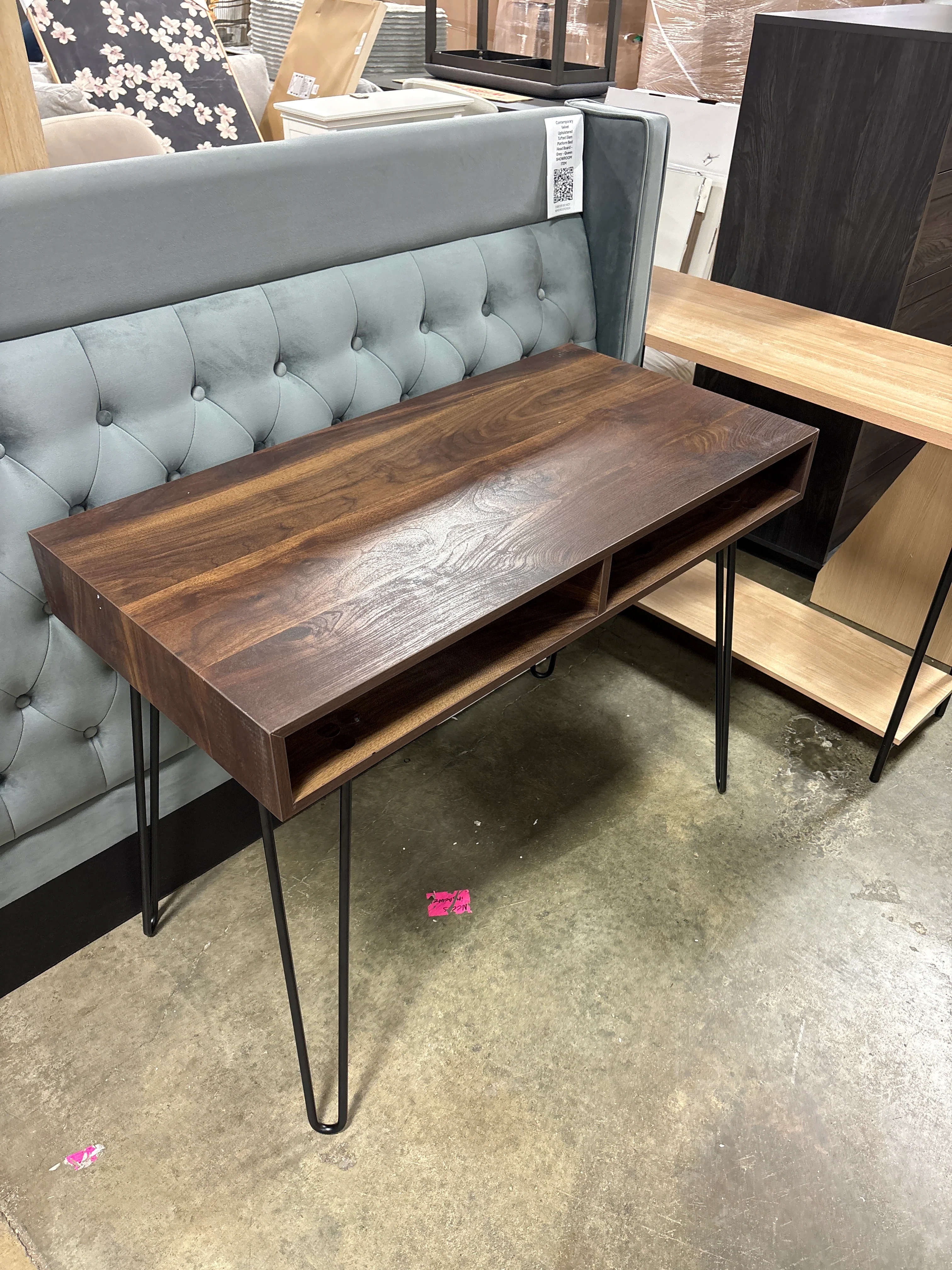Hairpin Writing Desk with Storage Brown - Threshold™: Walnut Finish, Metal Legs, Open Compartments SHOWROOM ITEM - Image 2