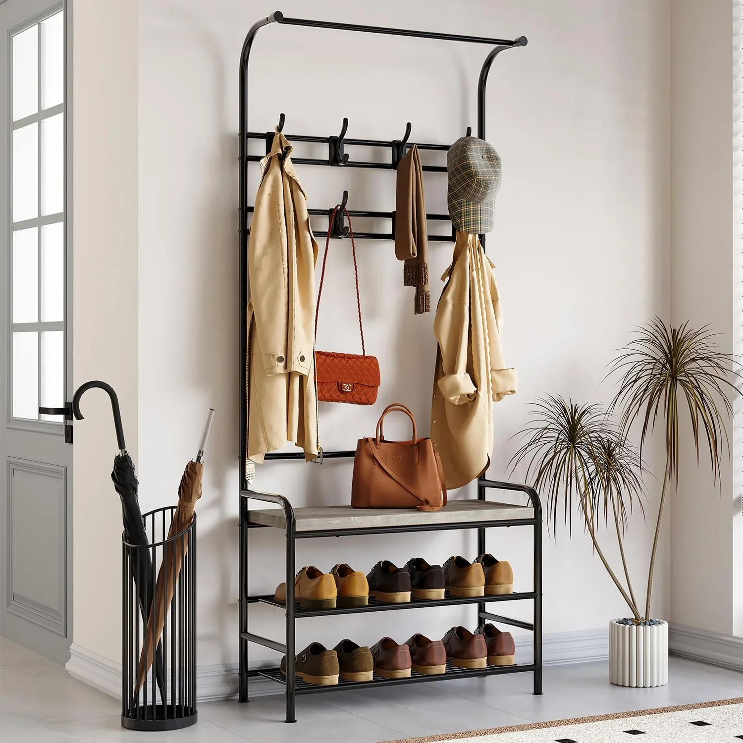 4-in-1 Coat Rack Storage Bench with Hanging Bar