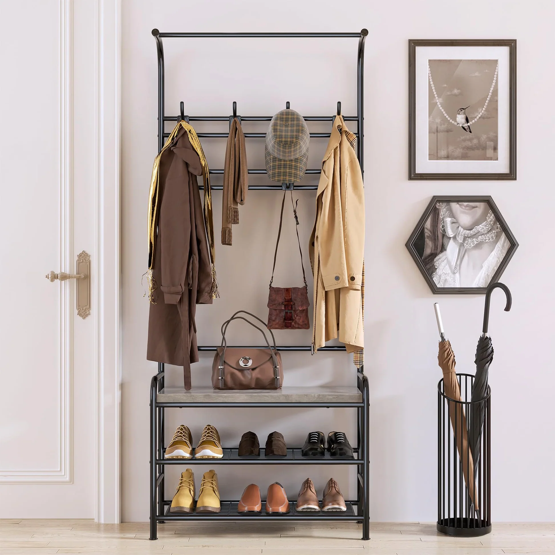 4-in-1 Coat Rack Storage Bench with Hanging Bar - Image 2