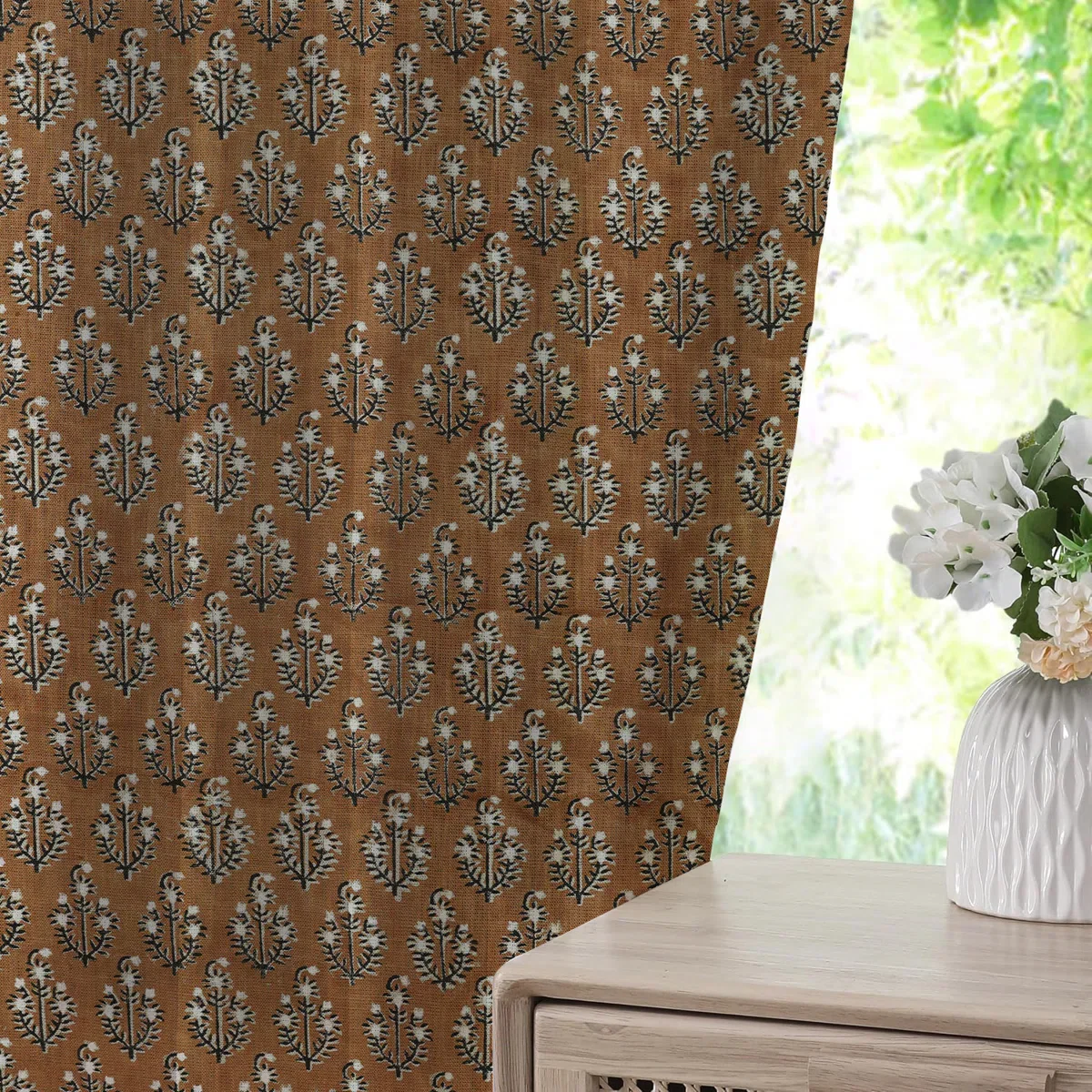 Hand Block Print Brown or Black Floral Pinch Pleated Curtain - Image 3