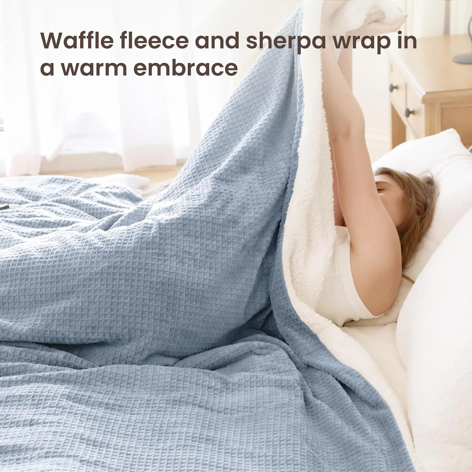 Heated Blanket Electric Blanket Waffle, Haze Blue King - Image 5