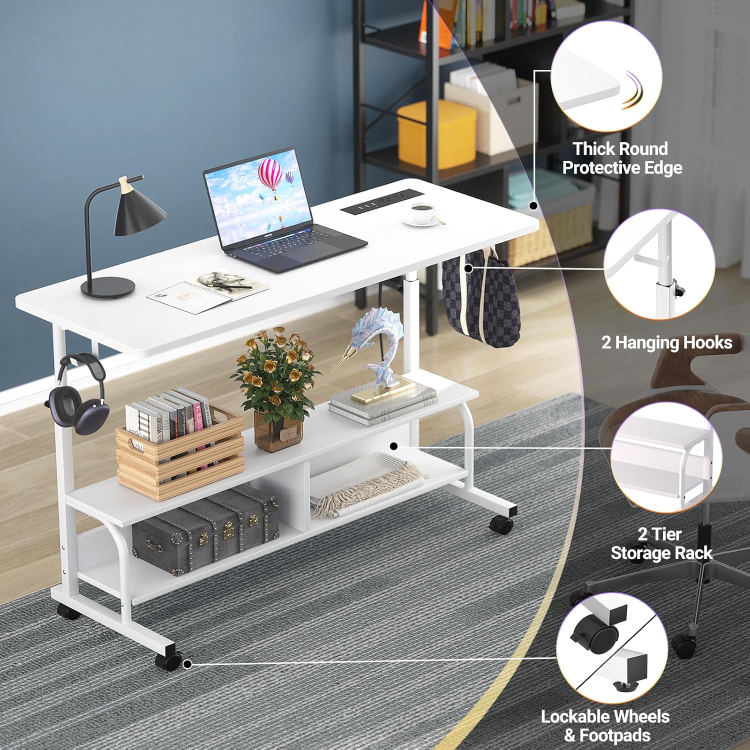 Height Adjustable Standing Desk with Power Outlets, Manual Stand Up Desk, White - Image 5