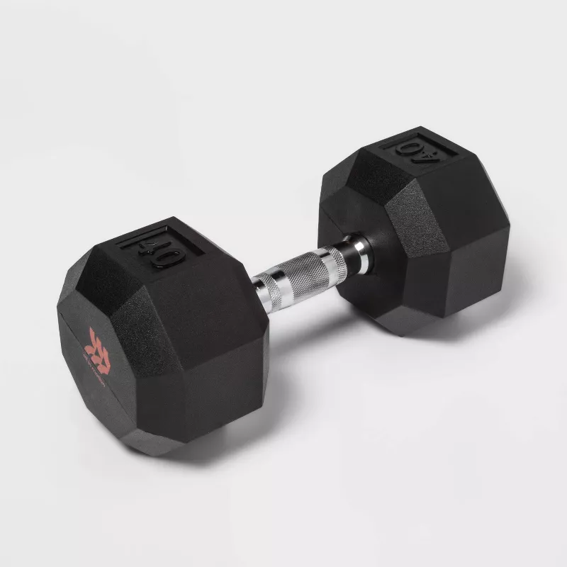 Hex Dumbbell 40lbs Black - Rubber, Chrome, Single Weight