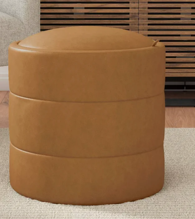 HomePop Storage Round Ottoman Caramel: Upholstered Vanity Stool, Footrest with MDF Frame SHOWROOM ITEM