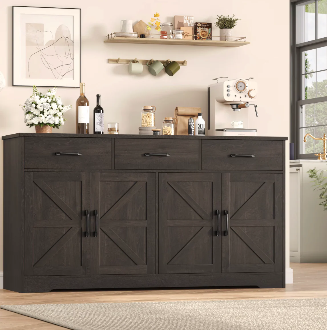 Homfa 59"W Farmhouse Kitchen Sideboard Credenza, Lengthen Storage Cabinet for Dining Room, 4-Doors 3-Drawer Wood Buffet with Adjustable Shelves, Dark Brown SHOWROOM ITEM