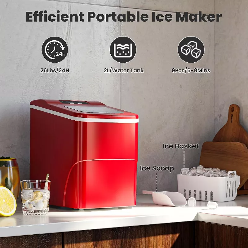 Ice Makers Countertop with Self-Cleaning, Red - Image 3