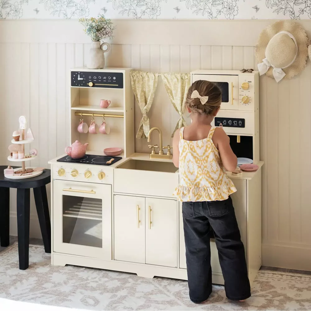 Iconic Wooden Play Kitchen – Cream Pretend Cooking Set for Kids - Image 5