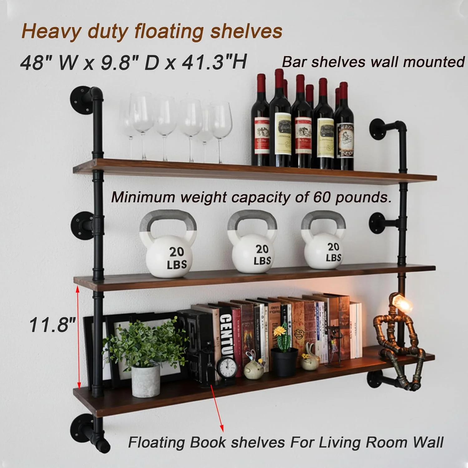 Industrial Pipe Wall Shelves Pipe Shelving with Real Wood Plank - Image 3