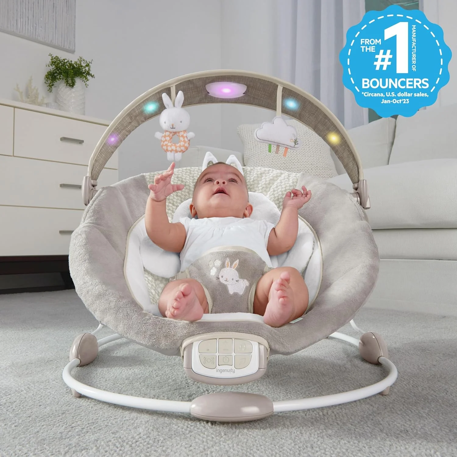 InLighten Baby Bouncer Infant Seat with Light Up -Toy Bar, Twinkle Tails Bunny - Image 2