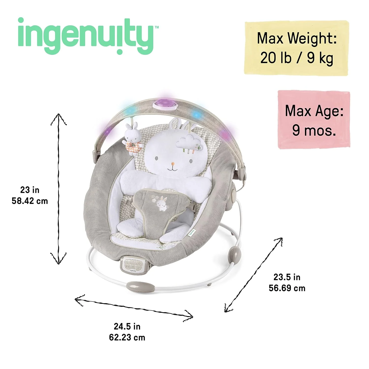 InLighten Baby Bouncer Infant Seat with Light Up -Toy Bar, Twinkle Tails Bunny - Image 3
