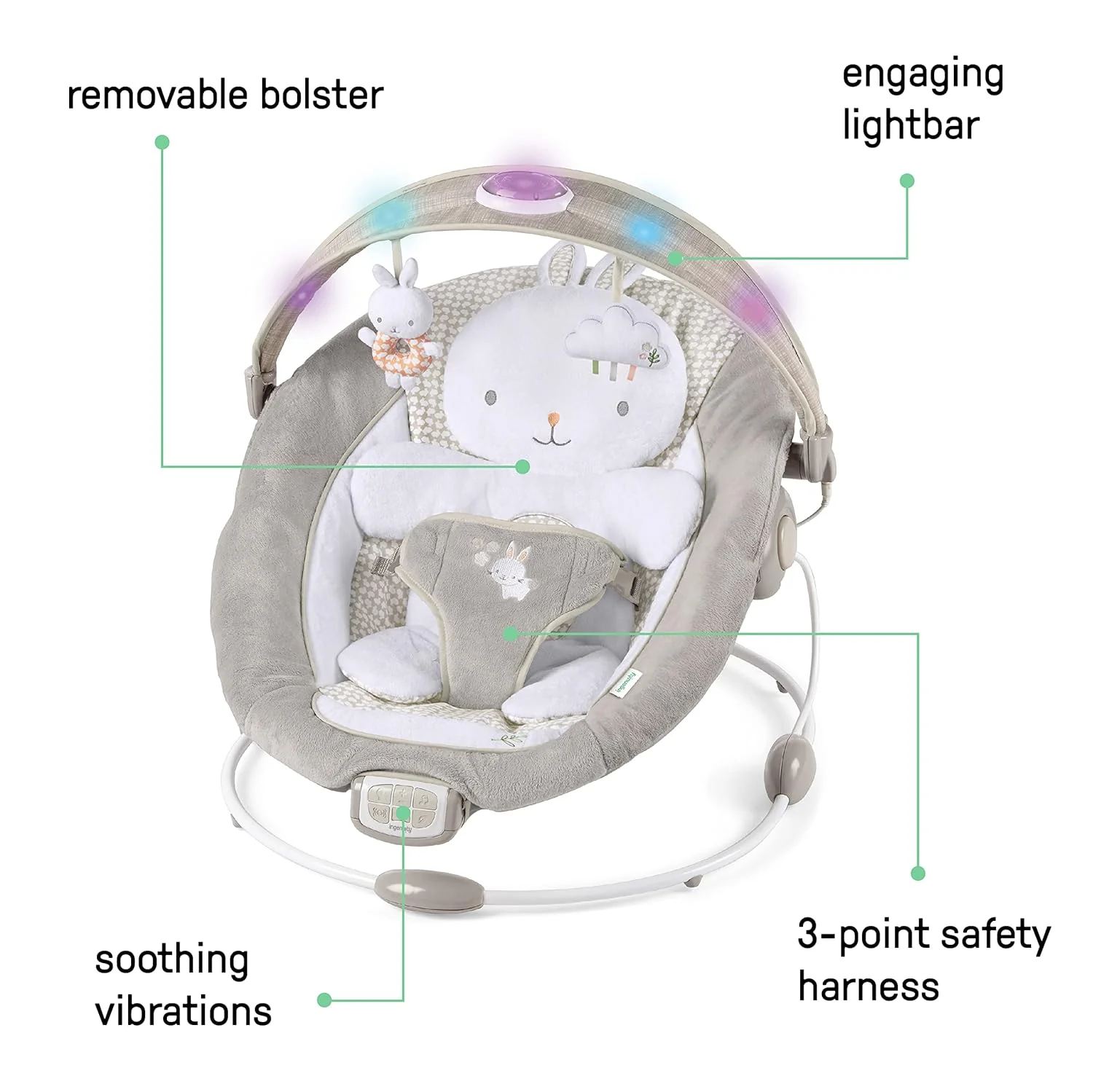 InLighten Baby Bouncer Infant Seat with Light Up -Toy Bar, Twinkle Tails Bunny - Image 4