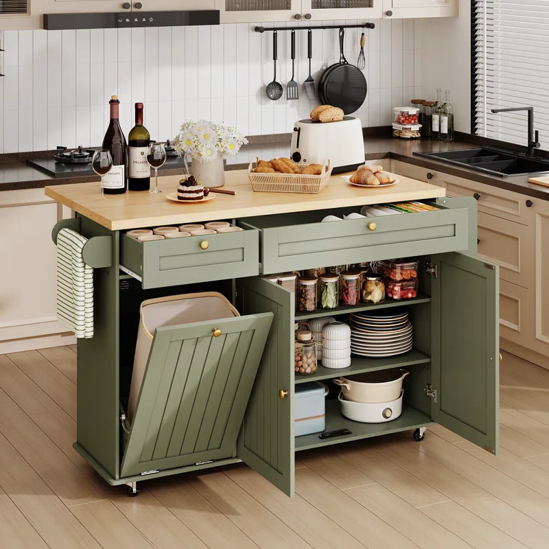 Jamera Kitchen Island with Two Large Storage Cabinets Drawers, Locking Wheels - Image 5
