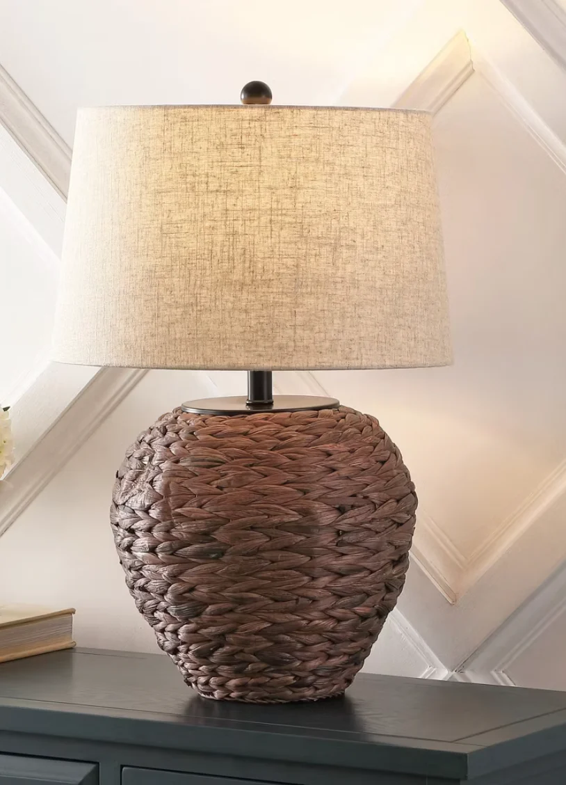 JONATHAN Y Alaro 24.5" Farmhouse Coastal Water Hyacinth Basket LED Table Lamp, Dark Brown SHOWROOM ITEM