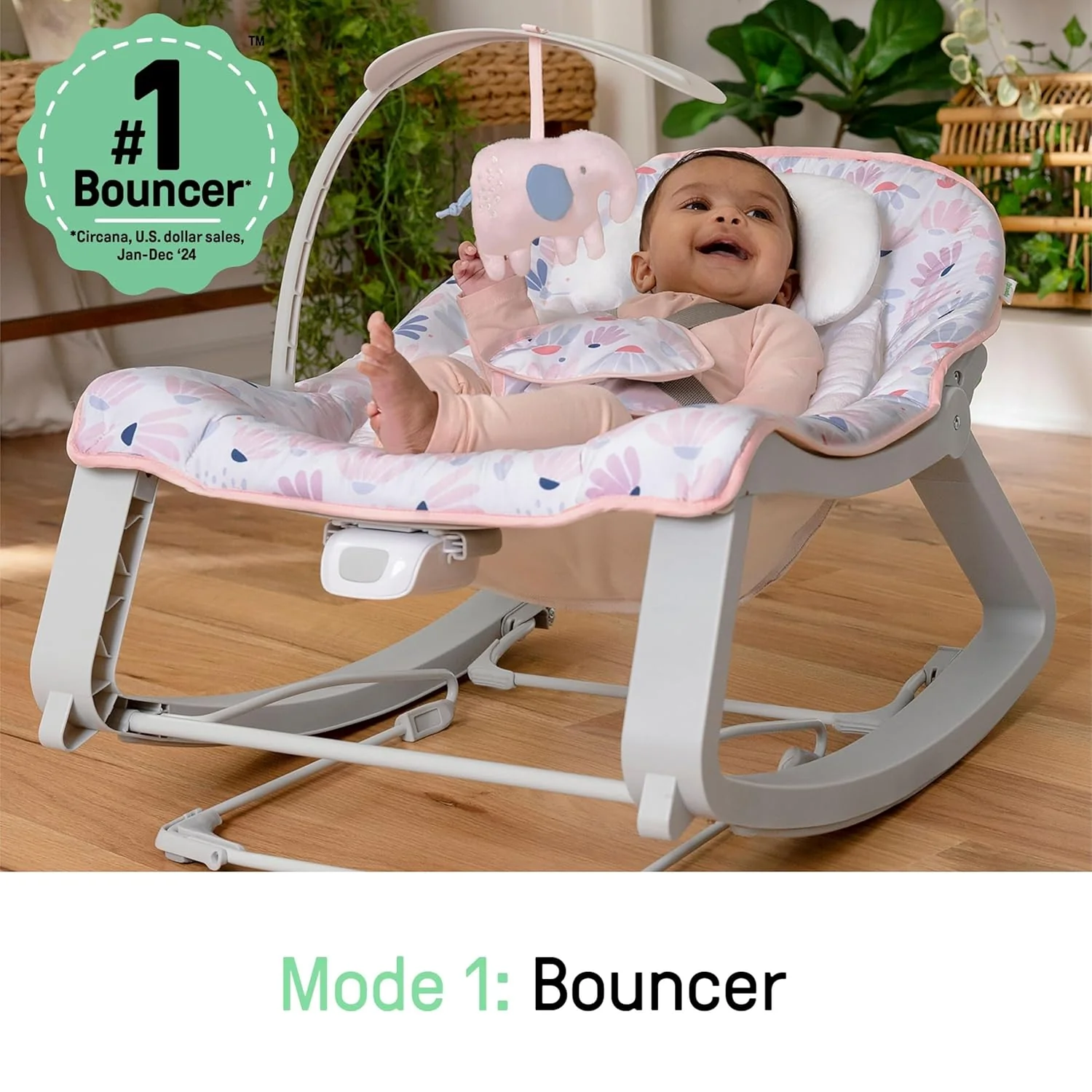 Keep Cozy 3-in-1 Grow with Me Vibrating Baby Bouncer Seat & Infant to Toddler Rocker (Pink Burst) - Image 2