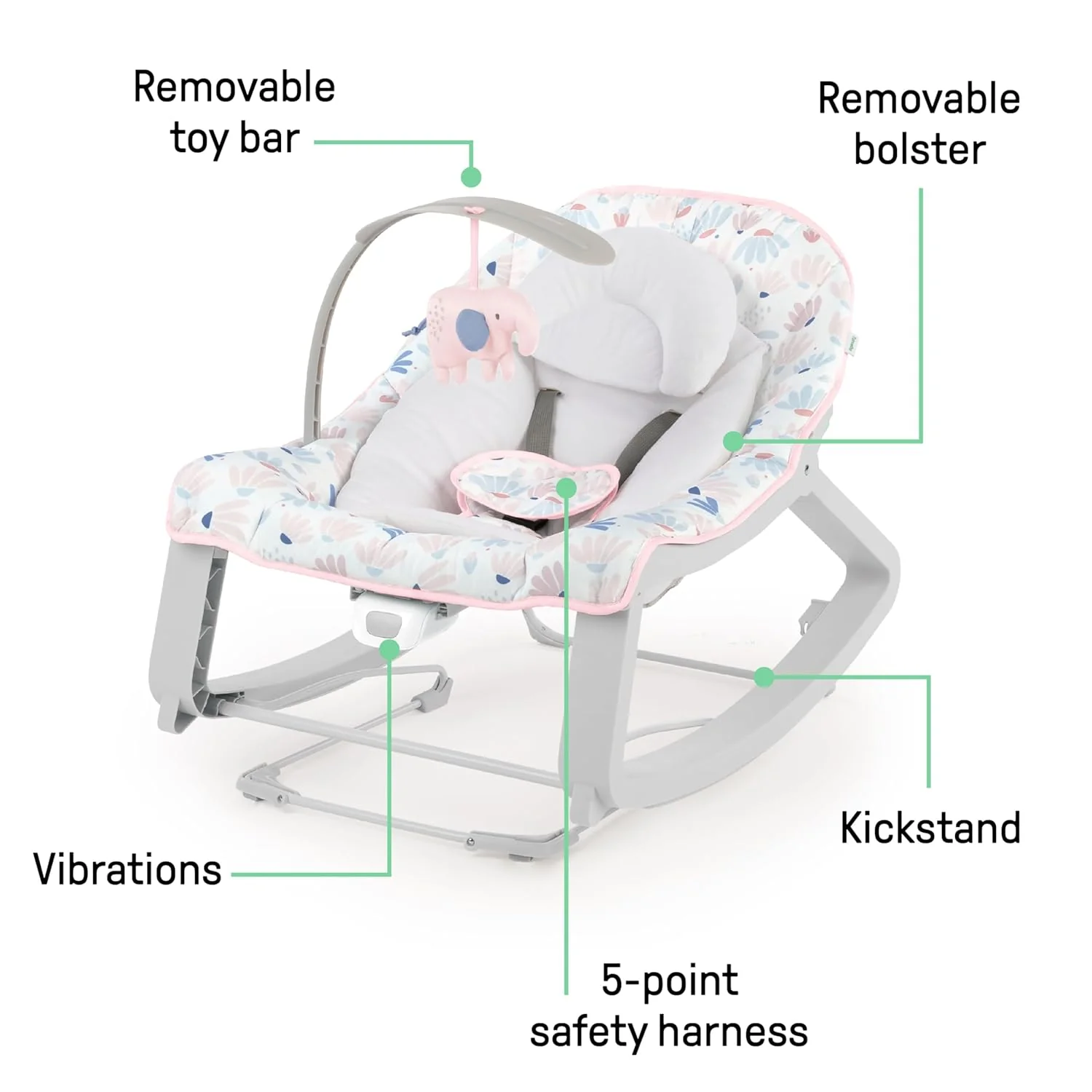 Keep Cozy 3-in-1 Grow with Me Vibrating Baby Bouncer Seat & Infant to Toddler Rocker (Pink Burst) - Image 3