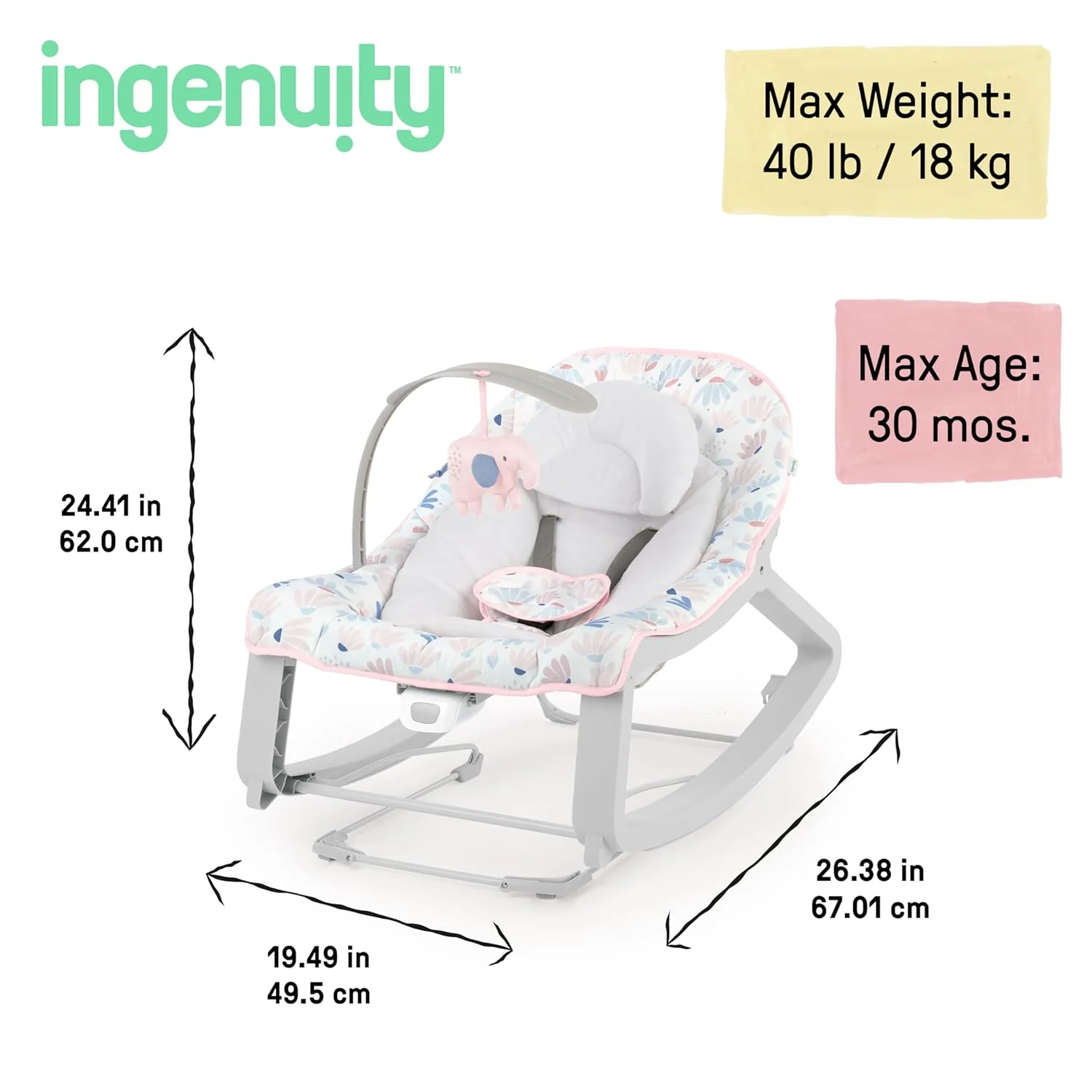 Keep Cozy 3-in-1 Grow with Me Vibrating Baby Bouncer Seat & Infant to Toddler Rocker (Pink Burst) - Image 4
