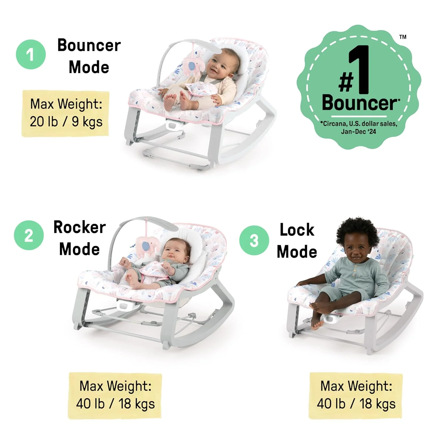 Keep Cozy 3-in-1 Grow with Me Vibrating Baby Bouncer Seat & Infant to Toddler Rocker (Pink Burst) - Image 5