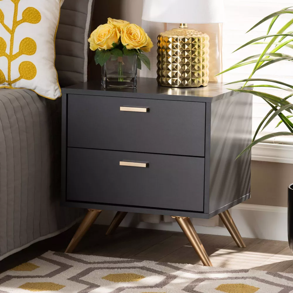 Kelson Wood 2 Drawer Nightstand Dark Gray/Gold - Image 2