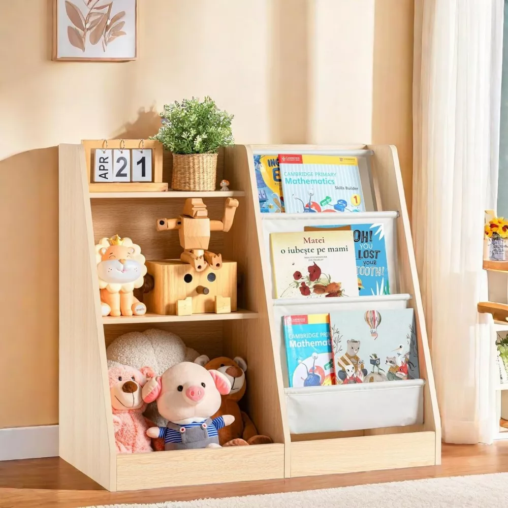 Kids Bookshelf Book Storage with Side Pocket - Image 2