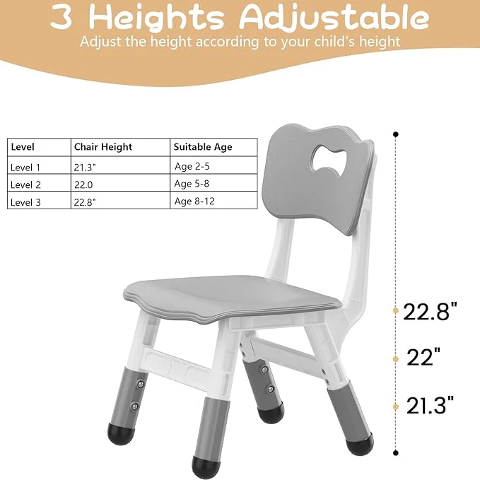 Kids Chair, 3 Level Height Adjustable Plastic (2 Pack, Grey) - Image 5