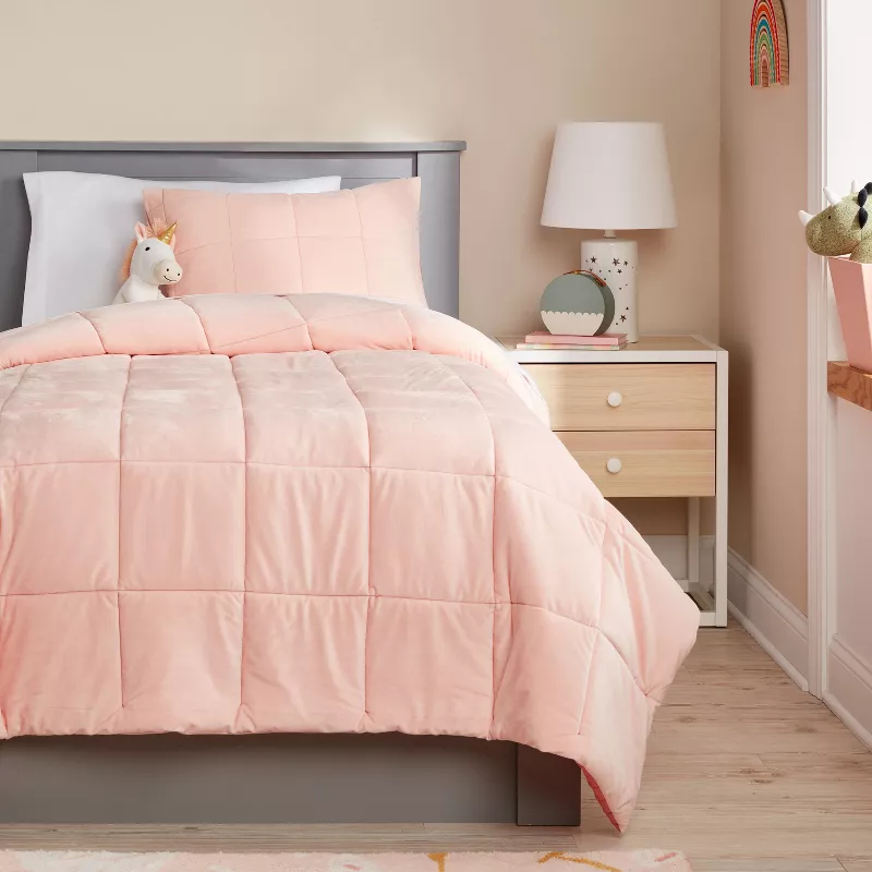 Kids' Comforter Set Windowpane Velvet Pink - Full/Queen